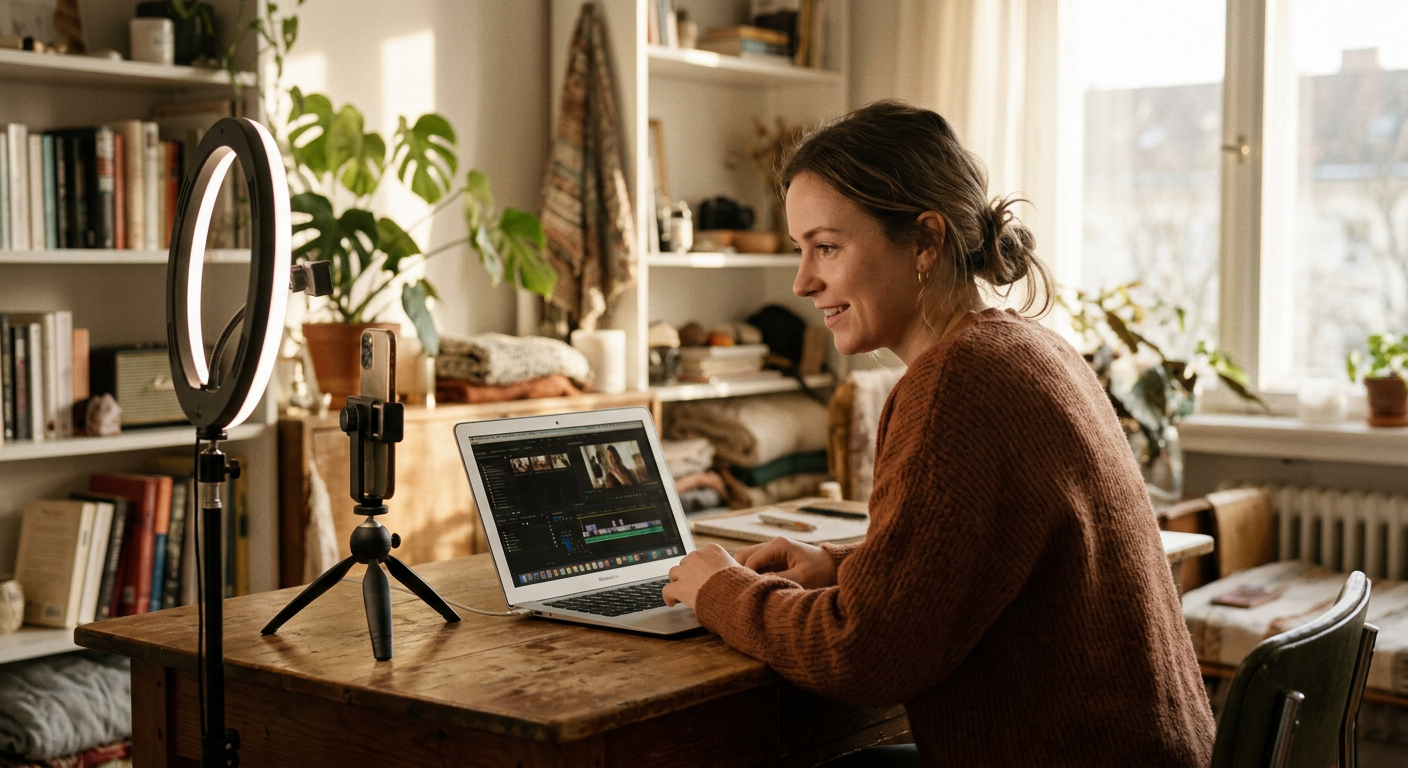 Content creator working at home studio