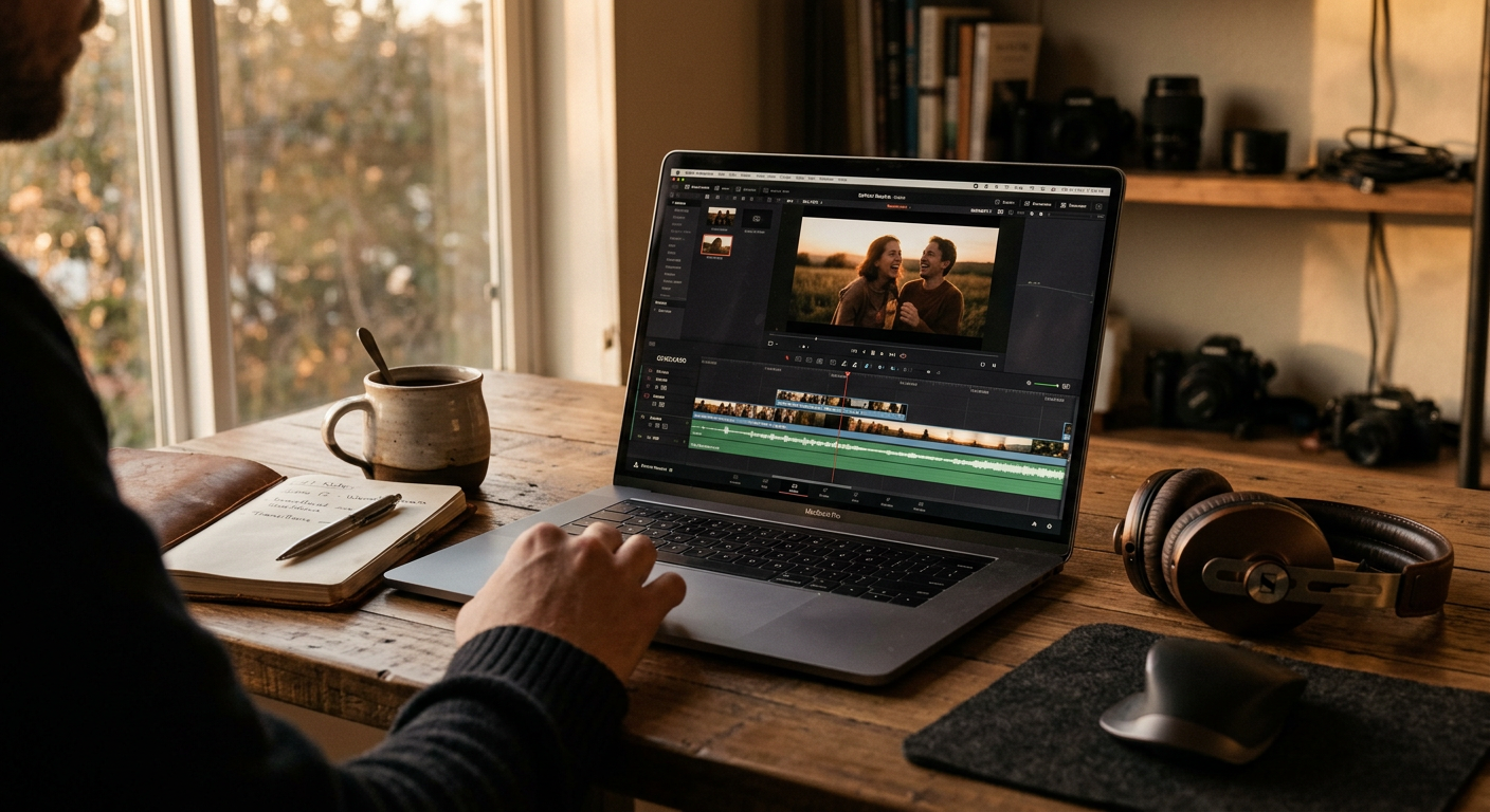 Video editor working at desk